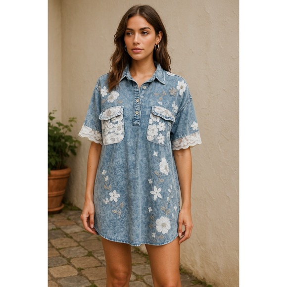 Dresses & Skirts - Womens DenimFloral Lace Embellished Acid Wash Short Sleeve